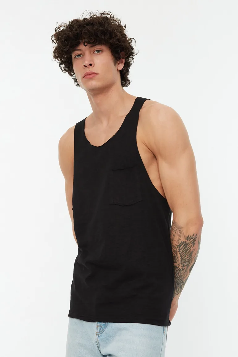 Black Men's Regular/Regular Fit 100% Cotton Sleeveless T-Shirt/Athlete with Pockets