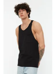 Black Men's Regular/Regular Fit 100% Cotton Sleeveless T-Shirt/Athlete with Pockets