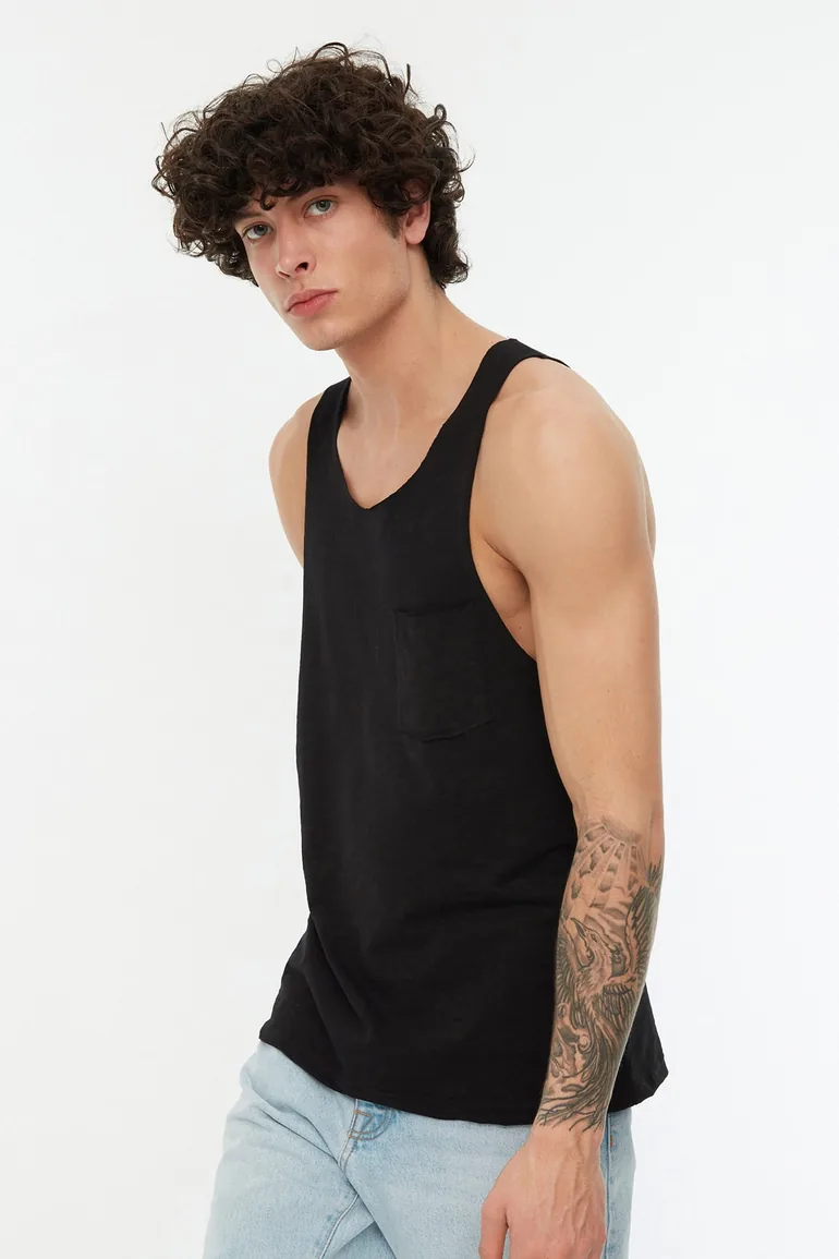 Black Men's Regular/Regular Fit 100% Cotton Sleeveless T-Shirt/Athlete with Pockets - 1