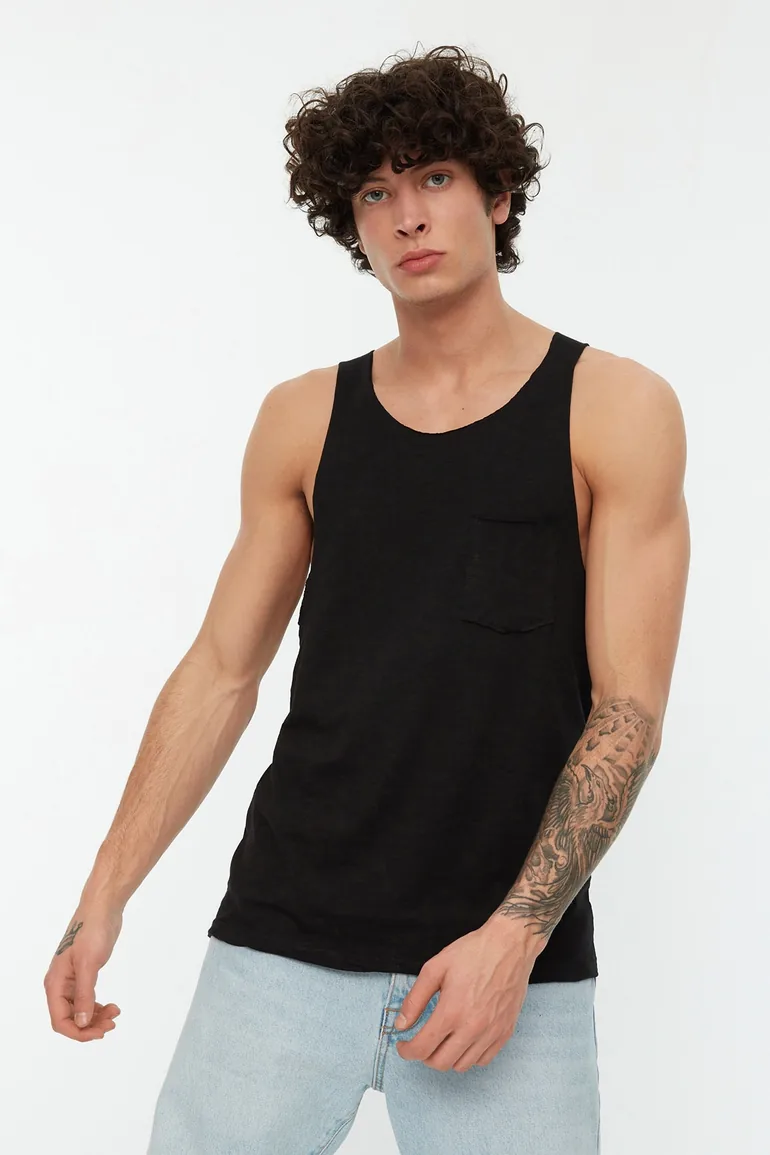 Black Men's Regular/Regular Fit 100% Cotton Sleeveless T-Shirt/Athlete with Pockets - 2