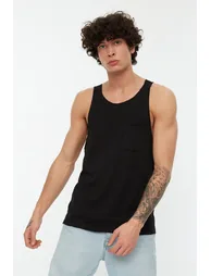 Black Men's Regular/Regular Fit 100% Cotton Sleeveless T-Shirt/Athlete with Pockets - 2