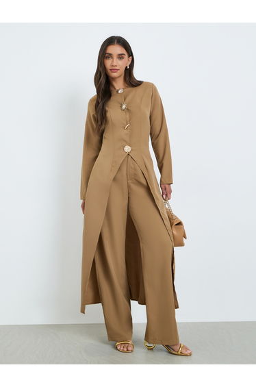 Women Metal Button Accent Long Top and Pants Co-Ords