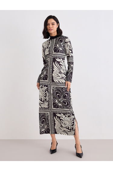 Scarf Tie Print High Neck Maxi Dress