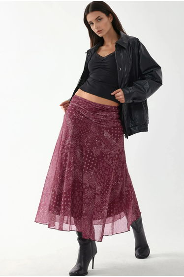 Patterned Midi Wrap Skirt with Ruffle Detail