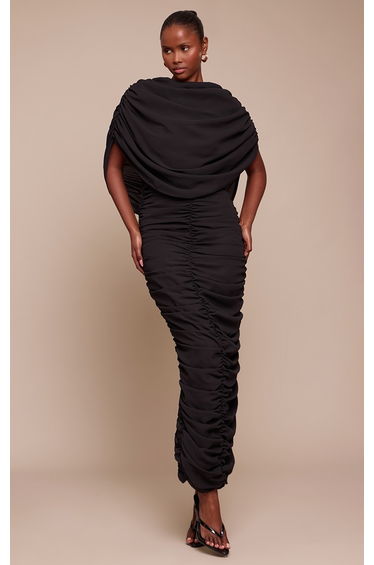 Black Chiffon Overlay Detail Ruched Maxi Dress