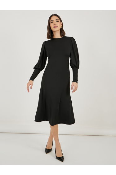 Solid Cuffed Long Sleeves A-Line Midi Dress