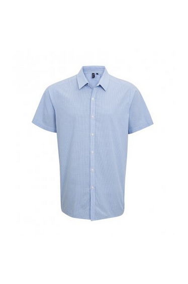 Premier Mens Gingham Short Sleeve Shirt - Light Blue/White
