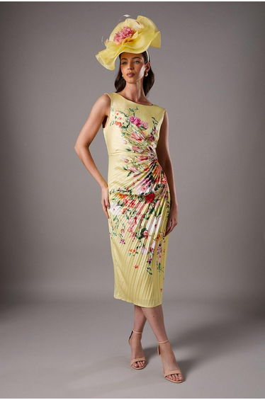 Lisa Tan Pleated Floral Midi Dress With Pleat Detail