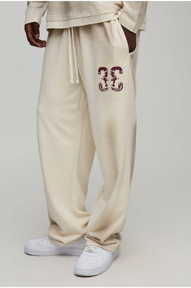 Oversized Varsity Graphic Washed Joggers - ecru