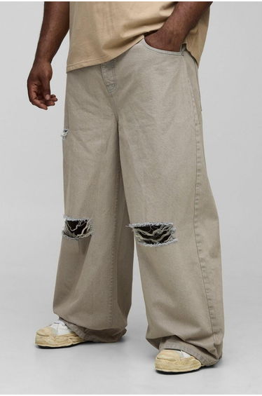 Plus Baggy Rigid Distressed Jeans - stone