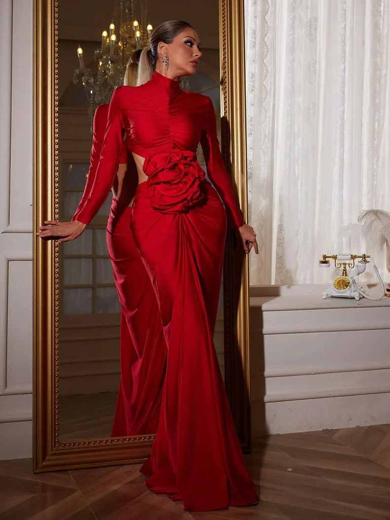 Renwick Long Sleeve Flower Cutout Maxi Dress In Red - 4