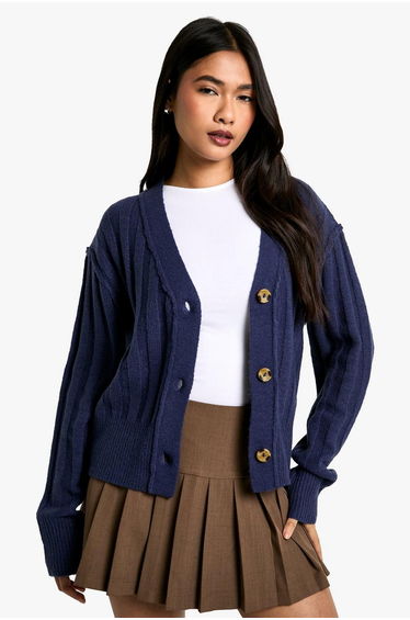 Seam Detail Soft Rib Knit Boyfriend Cardigan - navy
