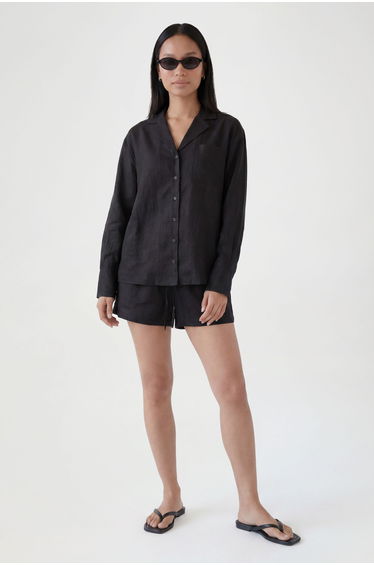 Linen Look Boyfriend Shirt & Relaxed Fit Shorts - black