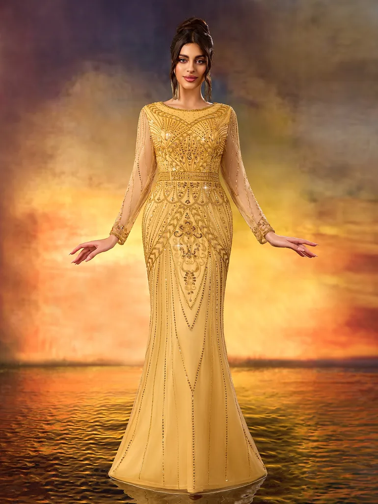 Modecrush Golden Sequin Mermaid Gown Leely Gold : Evening Dresses :  VogaCloset Oman
