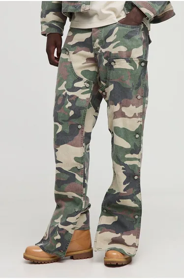 Camo Removable Carpenter Panel Extreme Stacked Straight Fit Jeans - khaki