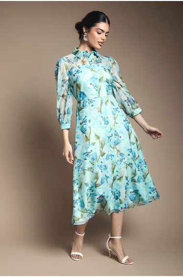 Floral Organza Button Midi dress