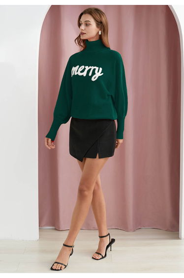 Merry Turtleneck Batwing Sleeve Knit Sweater in Dark Green