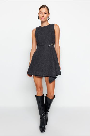 Anthracite Tie Detailed Woven Dress