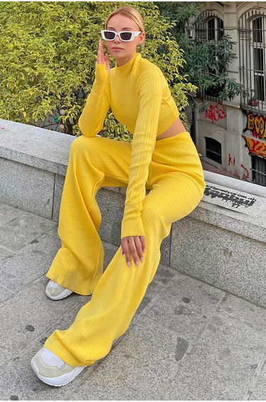 Yellow Half Turtleneck Knit Crop Sweater Trousers Knitwear Two Piece Set