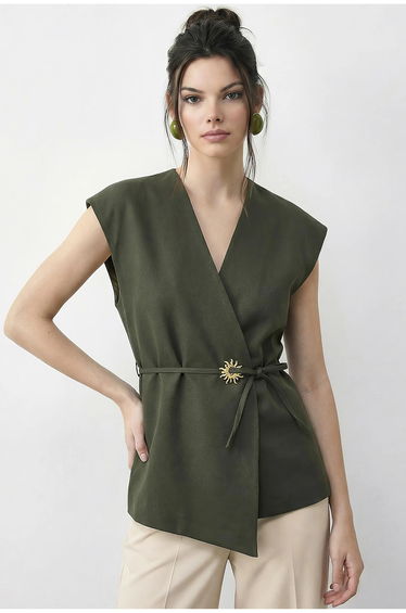 LUCCI Belted V-Neck Crepe Waistcoat