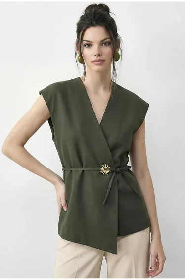 LUCCI Belted V-Neck Crepe Waistcoat