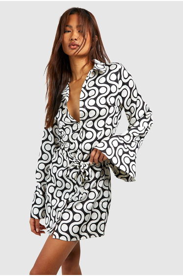 Tall Abstract Wide Sleeve Satin Shirt Dress - black