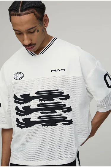 Oversized Boxy One Of One Applique V-Neck Baseball Sports Top - black