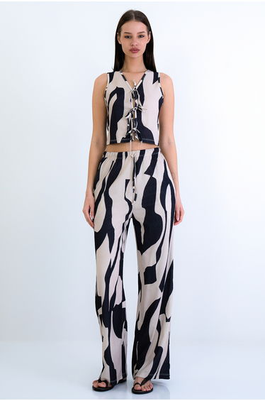 Women's Black-Beige Tie-Dye Detailed Wrinkled Vest and Double Pocket Trousers Set