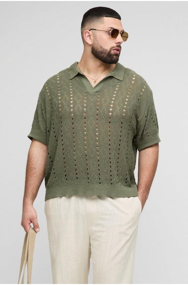 Plus Boxy Oversized Stripe Open Knit Polo - khaki