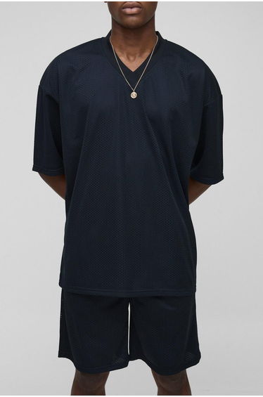 Oversized Mesh V Neck Sports Top & Short Set