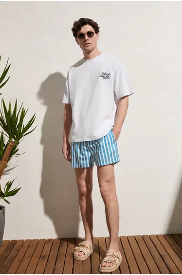 GRIMELANGE CALIDO Men's Organic Cotton Printed and Embroidered Crew Neck Oversized White T-Shirt