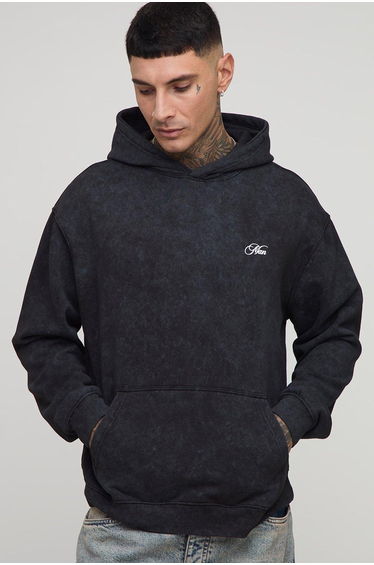Tall Oversized Man Daisy Ski Mask Acid Wash Hoodie - black