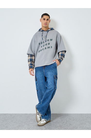 Men Grey Checked Panel Slogan Hoodie