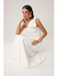 White Plain Bowknot Woven Finike Maxi Evening Dress & Graduation Dress - 1