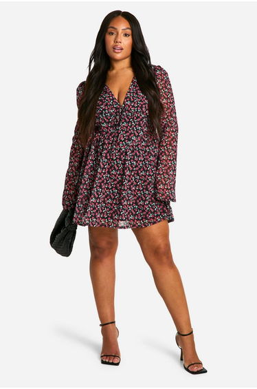 Plus Woven Floral Milkmaid Skater Dress - black