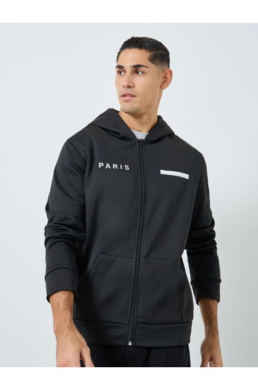 Men Black Zip-Up Inner Fleece Hooded Jacket