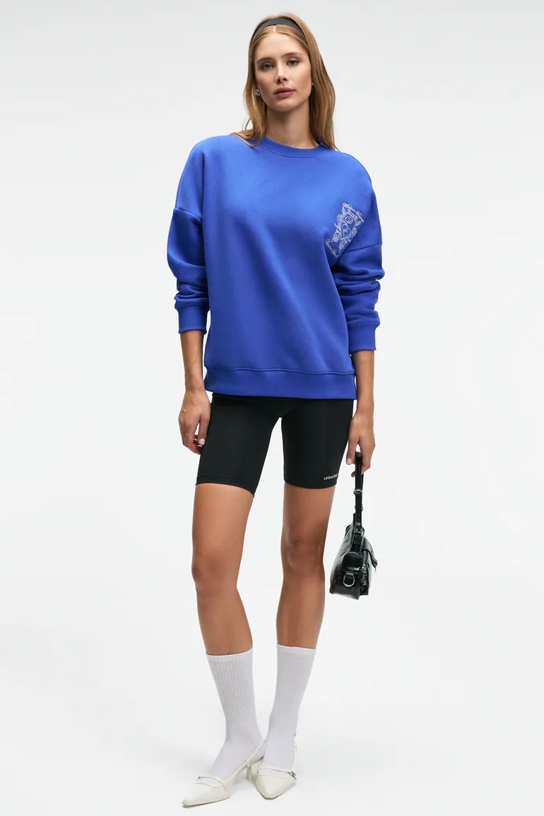 GRIMELANGE AUDRA Women's Oversize Round Neck Embroidered Detail Blue Sweatshirt