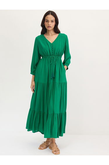 Green Crinkled Tiered Maxi Dress
