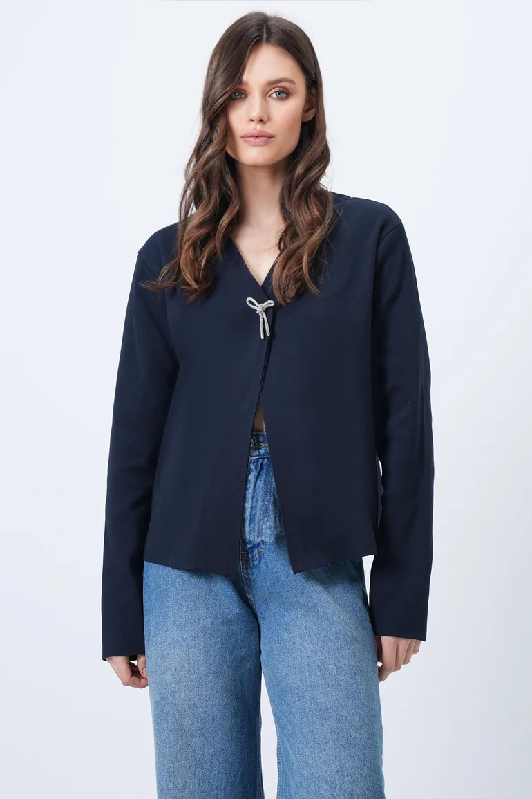 Women's Dark Navy Blue V-Neck Brooch Detailed Ottoban Cardigan