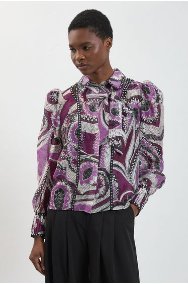 Floral Printed Studded Long Sleeve Blouse