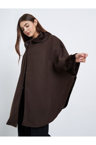 Oversized Faux Fur Trim Wool Like Cape Coat