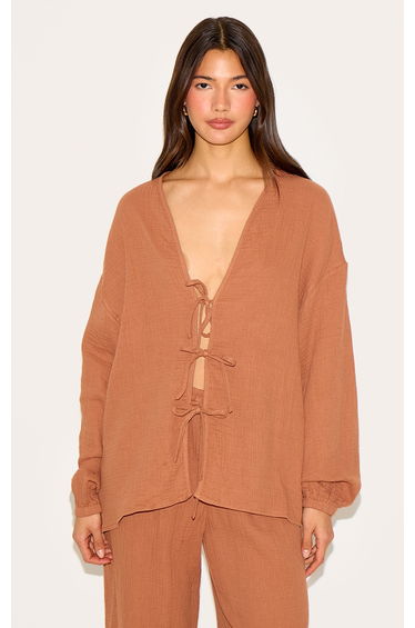 Chesnut Cheesecloth Textured Tie Front Shirt