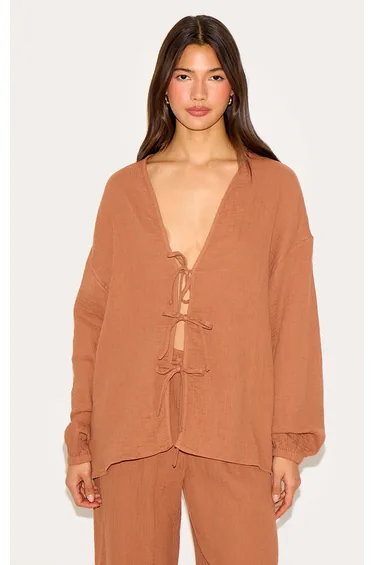 Chesnut Cheesecloth Textured Tie Front Shirt