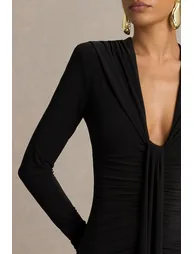 Ivara | Black Plunge-Neck Dress With Ruched Detailing And Sash - 3