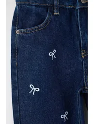 Dark blue 100% cotton embroidered/embroidered girl's denim jeans - 2