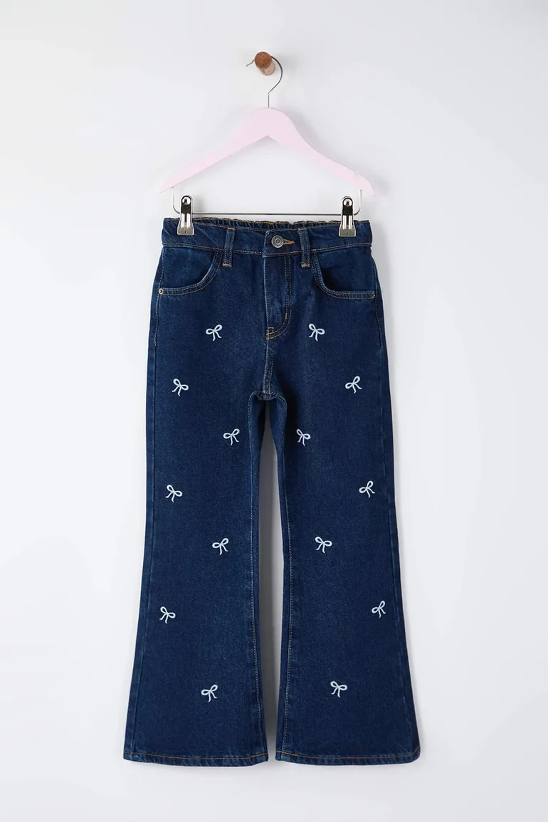 Dark blue 100% cotton embroidered/embroidered girl's denim jeans - 1