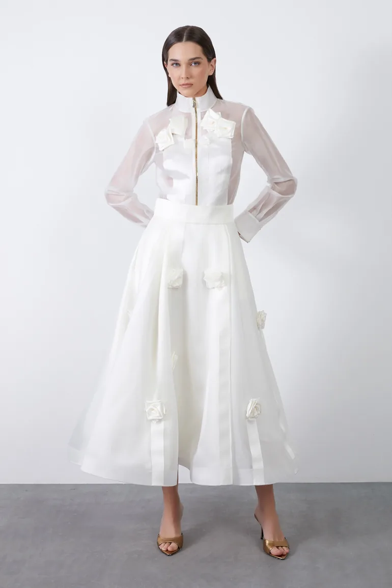 Flower Detail Transparent Ecru Skirt