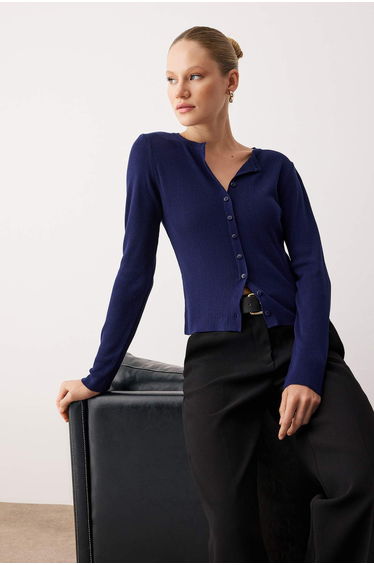 Navy Blue Soft Textured Polo Neck Detailed Knitwear Cardigan