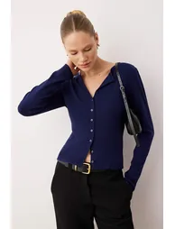 Navy Blue Soft Textured Polo Neck Detailed Knitwear Cardigan - 1