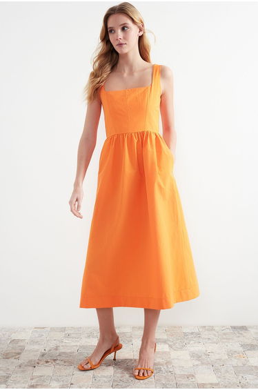 Orange Waist Midi Corset Woven Dress with Sewing Detail